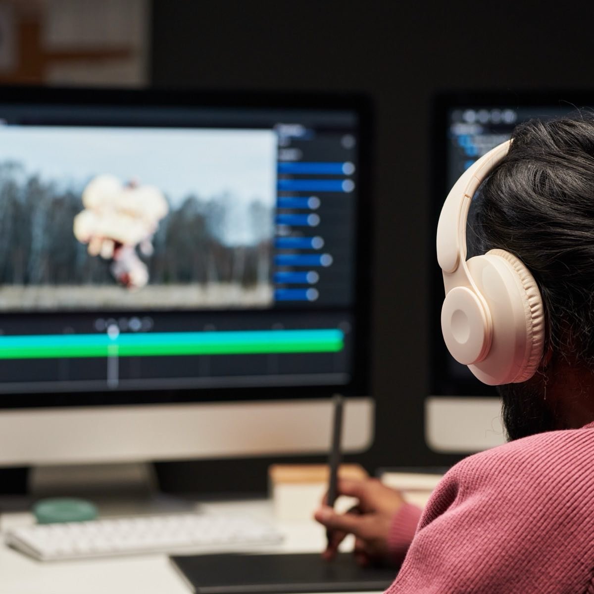 Editor at a two-screen timeline cutting a short-form video
