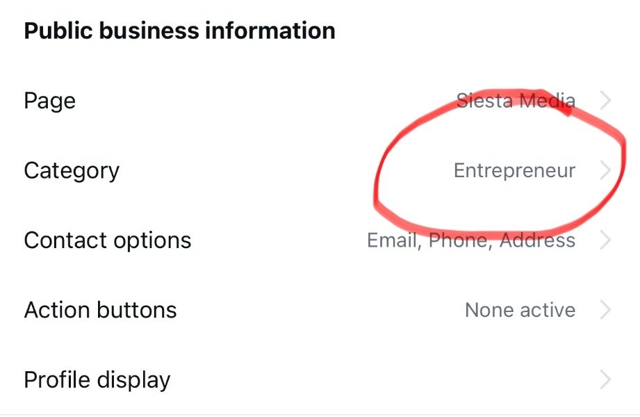 Instagram Edit profile screen for Siesta Media with the Category set to Entrepreneur circled